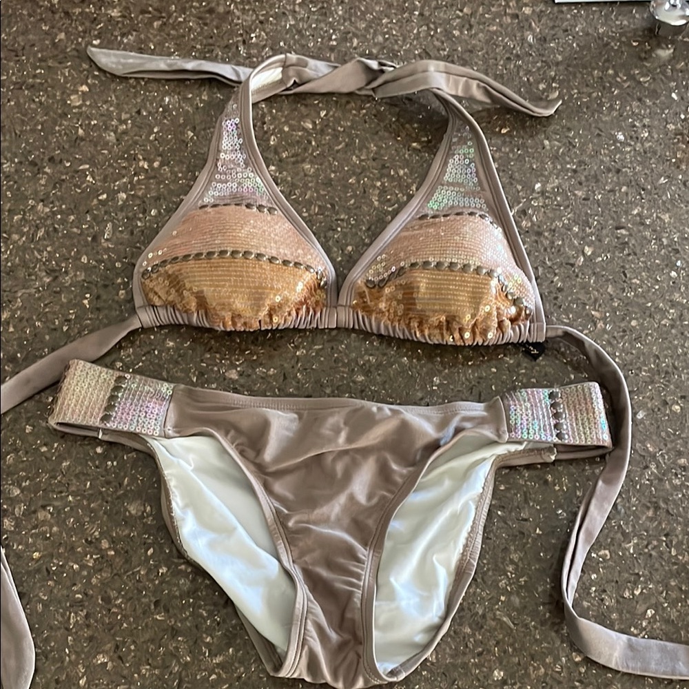 Vix Sequin Embellished Bikini in Tan and Gold Size 8